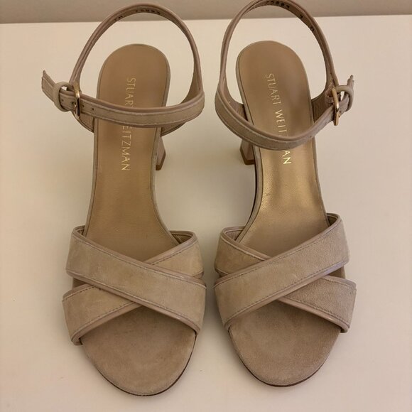 Stuart Weitzman Suede Cross Front Sandals with Sculpted Gold Trim Heel - Picture 5 of 8